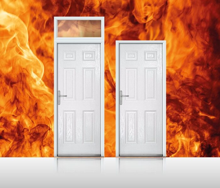 fire-rated composite doors image with fire behind them