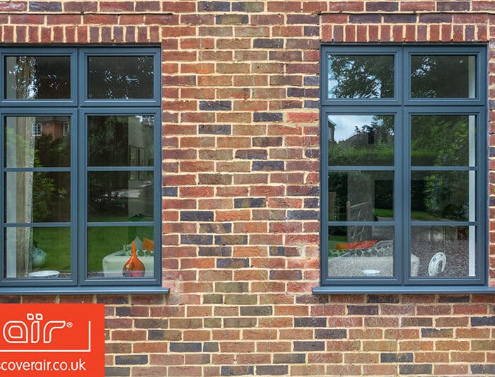 steel look windows in a modern brick house