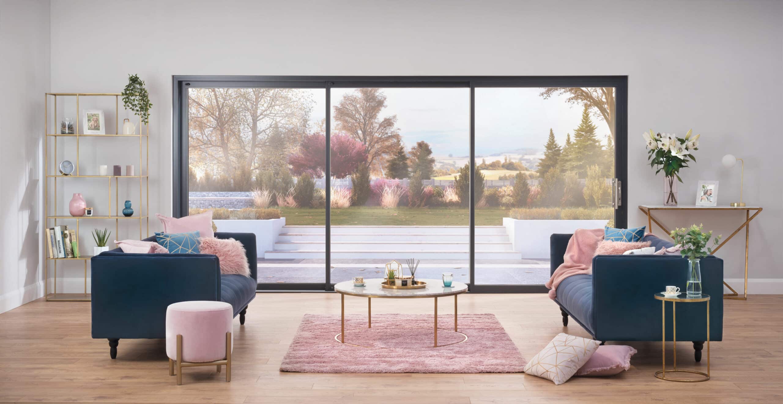 origin sliding doors in a lounge setting with outside views