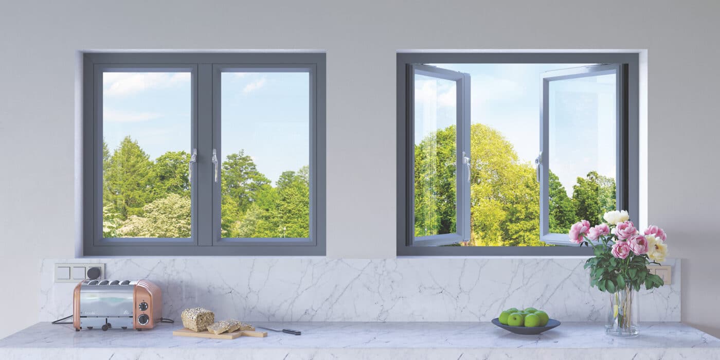 origin aluminium windows showing the OW-80 flush casement in a new kitchen setting.