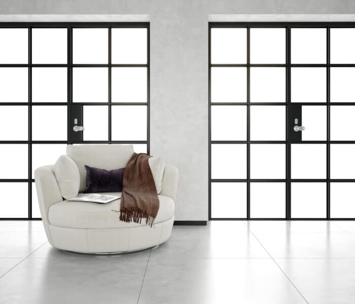 acid-etched glass options in interior steel look doors